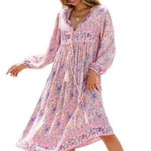 R.Vivimos Women's Long Sleeve Floral Print Retro V Neck Tassel Bohemian Midi Dre